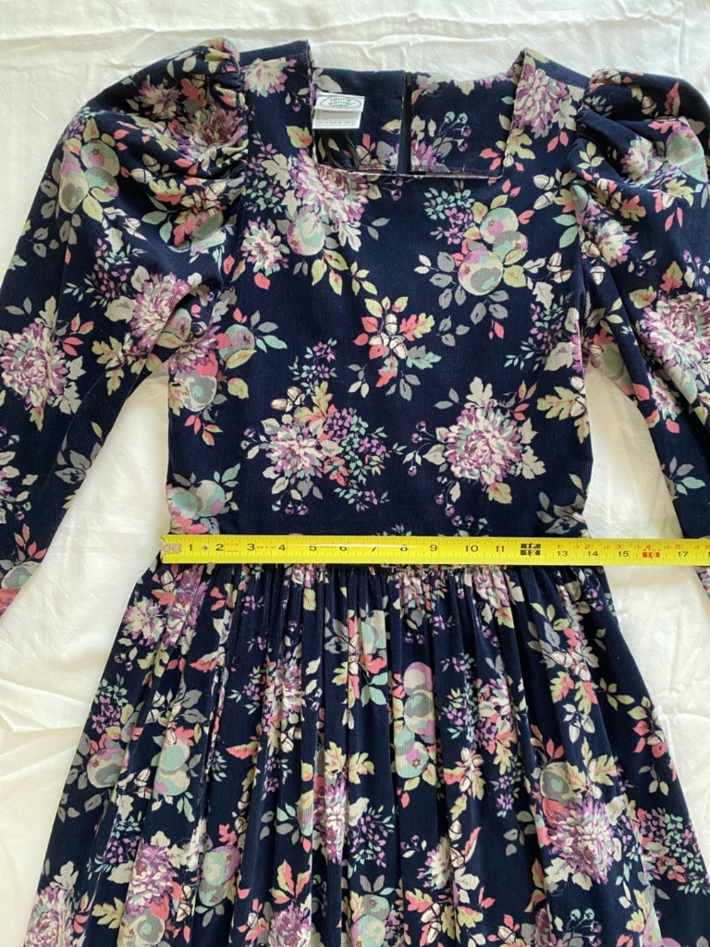 Vintage Laura Ashley Navy Floral Corduroy Long-Sleeve Midi Dress - Picture 13 of 15